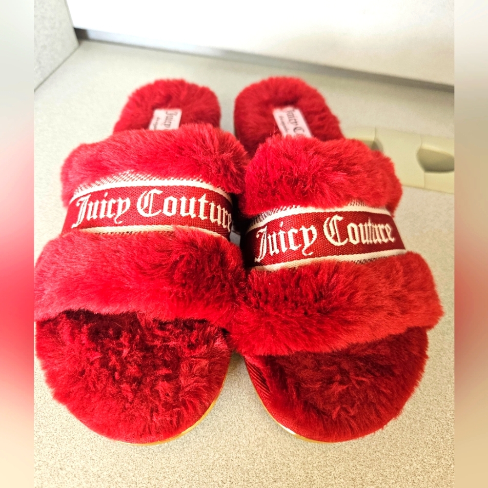 Juicy Couture Women's Faux Fur Slip On Slide Slippers ~ Size Large 8-10 RED EUC